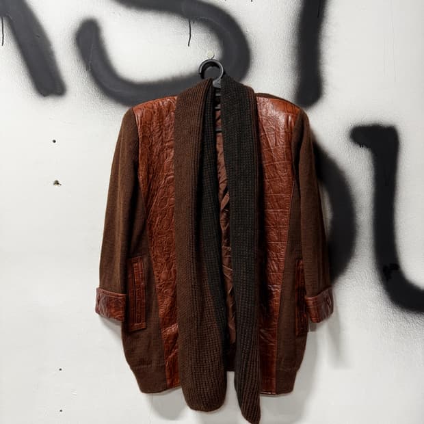 VTG 빈티지 100% 쉽스킨 양가죽 패치 숄 카라 울 가디건
