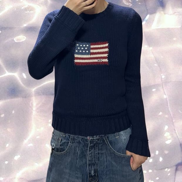 90s 폴로 랄프로렌 폴로 진스 빈티지 미국 국기 성조기 니트 네이비 S