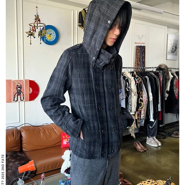 90-00s Hideway Gothic Check Wool Hood JK