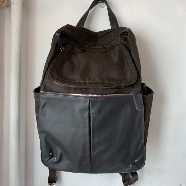 yohji yamamoto 나일론 레더 백팩 브라운