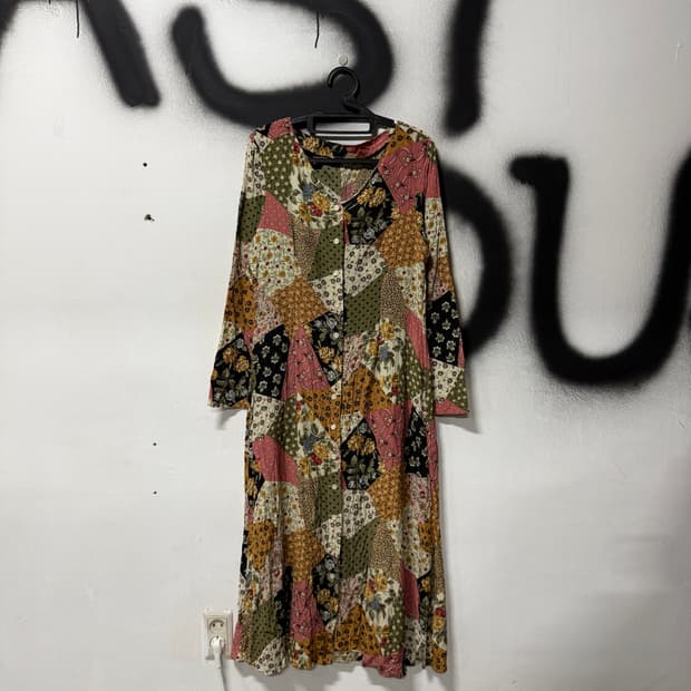 VTG 빈티지 모리 하구미 패치워크 버튼 롱 로브 원피스