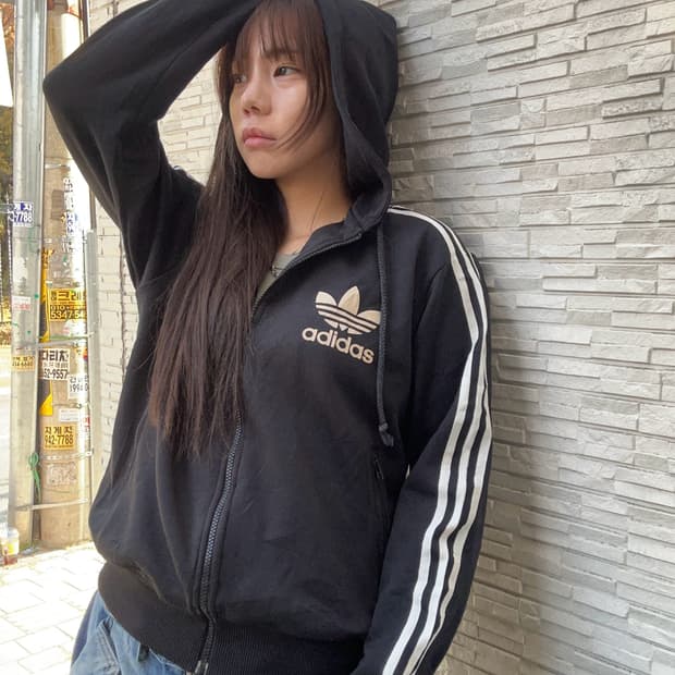 90s ADIDAS 블랙 져지후드집업