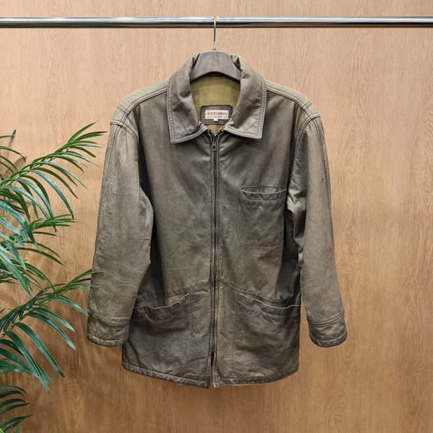 조르지오 아르마니 레더 집업 하프 코트 워싱 레더 텍스처 레귤러핏 브라운