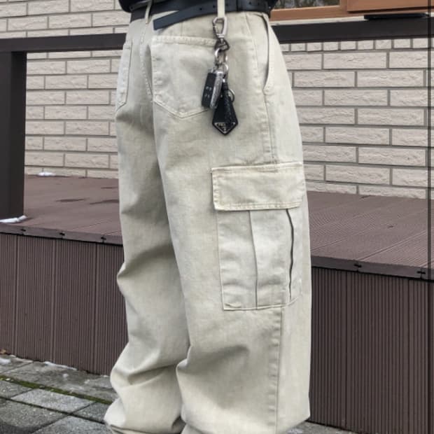 ESSU 원턱 빈티지 와이드 카고 팬츠 샌드 M