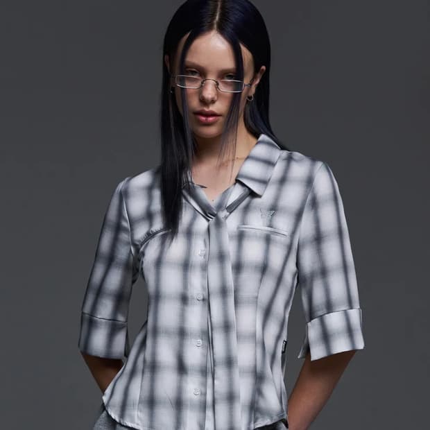 팬시클럽 타이 스카프 체크 카라 셔츠 (GRAY)_F24QB282