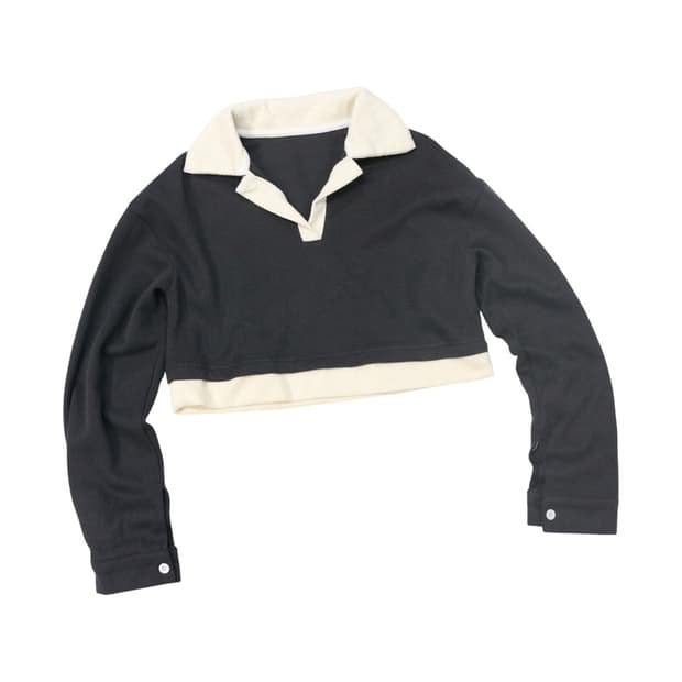 DAZY 데이지 배색 칼라 크롭 골지 티셔츠