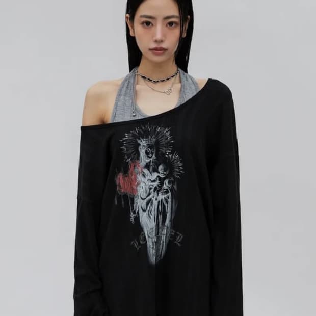 yeel leey 빈티지 레이어드 오프숄더 엘이이와이