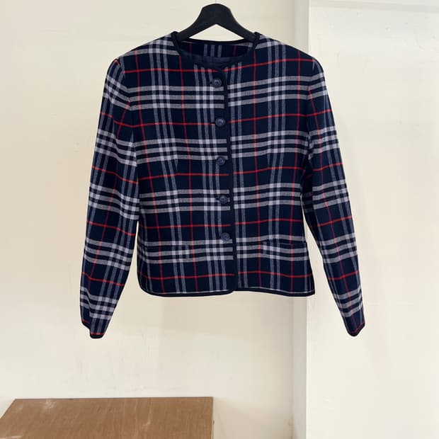 버버리 블루 플라드 울 자켓