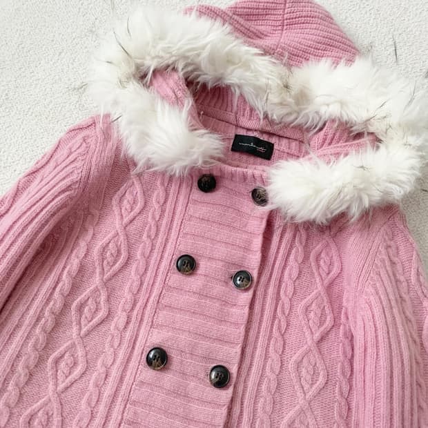 라즈베리핑크 더플단추 꽈배기 후드 가디건