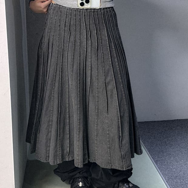 gray denim pleats skirt