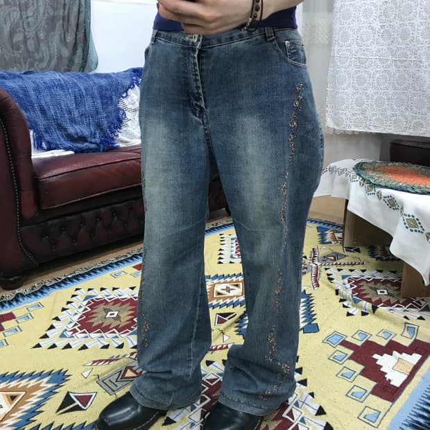 제페니즈 빈티지 여성 플라워자수 데님팬츠