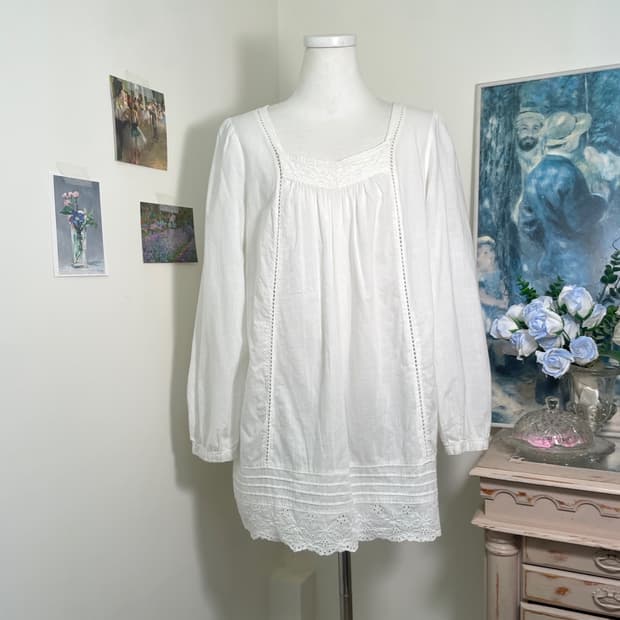 white cotton lace trim loose blouse