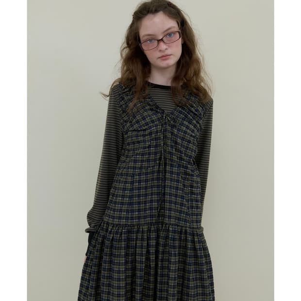 노컨텐츠 체크 슬리브리스 원피스