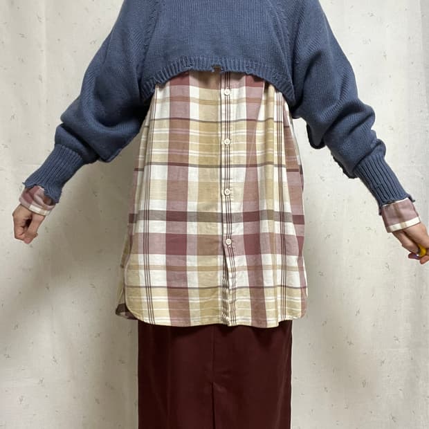 볼레로 니트+체크남방+롱H스커트