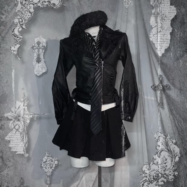 공겜여주깔 무채색 아일렛 디테일 레더 코디세트 