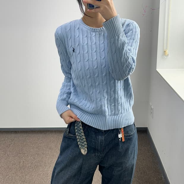 Polo 폴로 네이비 포니 라이트 블루 케이블 니트