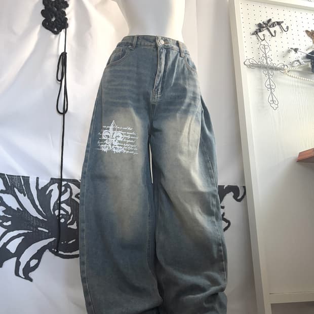 • denim hurt printed wide pants