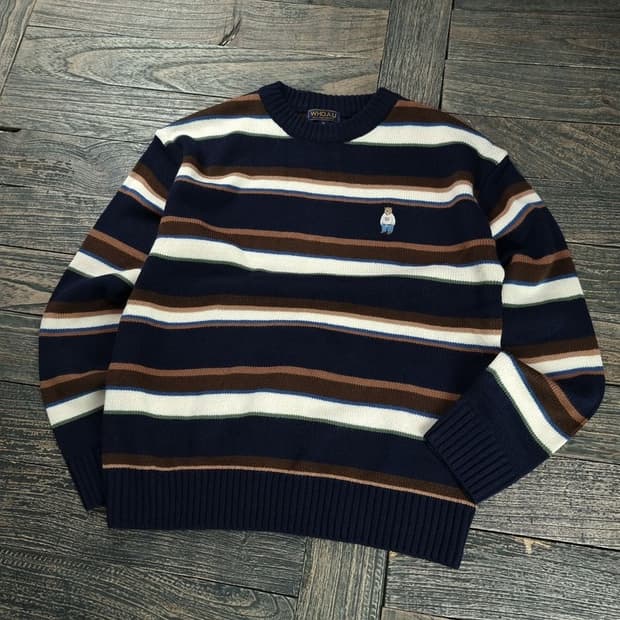 [후아유] 곰돌이 자수 스트라이프 니트 M18960