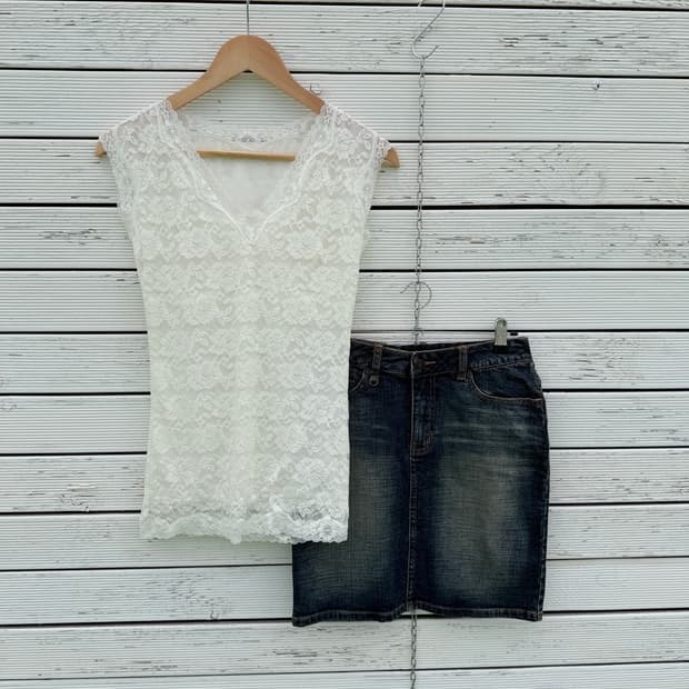 Ivory Lace Top & Denim Mini Skirt