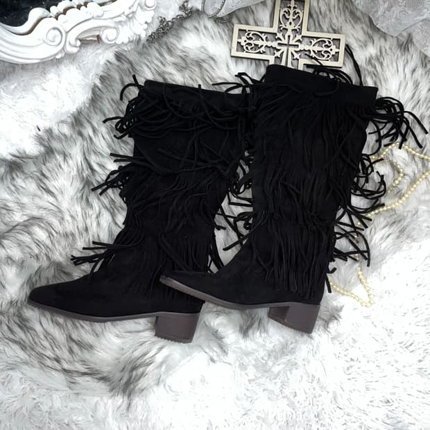 빈티지 블랙 스웨이드 프린지 스퀘어 부츠
