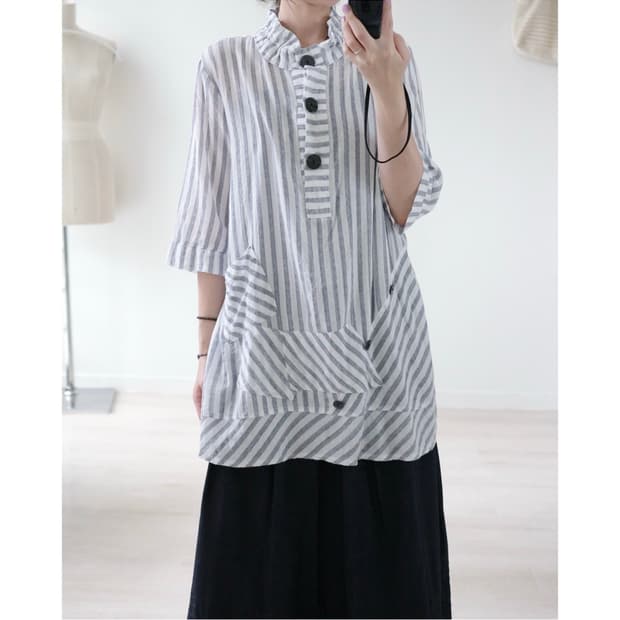 Across stripe frill-collar tunic blouse