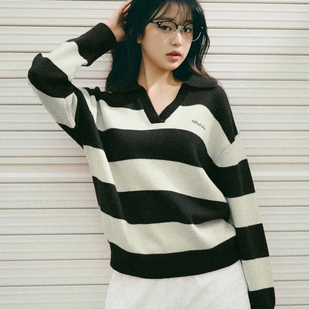 로라로라 울 블렌디드 카라 스트라이프 보더 니트_블랙 아이보리