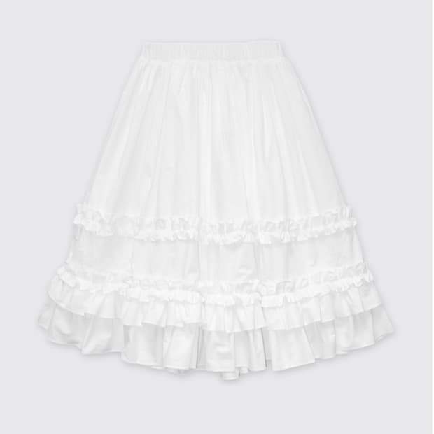 생긴스튜디오 러플 플리츠 미디 스커트 화이트