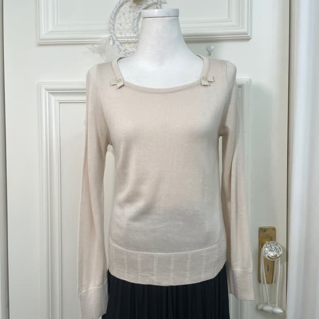 pink ivory bow crochet point knit top