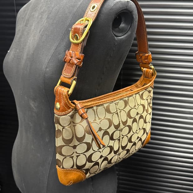 코치 버클백 숄더백 토드백 미니백 카멜 로고 가죽 웨스턴 에스닉 브라운 