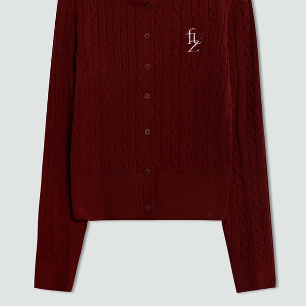 퍼지스캔 데일리클래식 꽈배기 라운드 니트가디건 딥레드