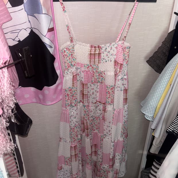 핑크 도트 잔꽃 패치 원피스 모리걸 하구미 니혼진 빈티지