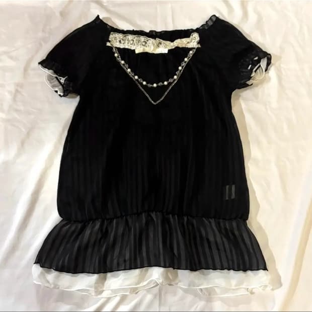 로걀탑2장일괄 쉬폰캉캉반팔블라우스블랙고딕셔링퍼프공겜여주공주고스로리갸루펑크