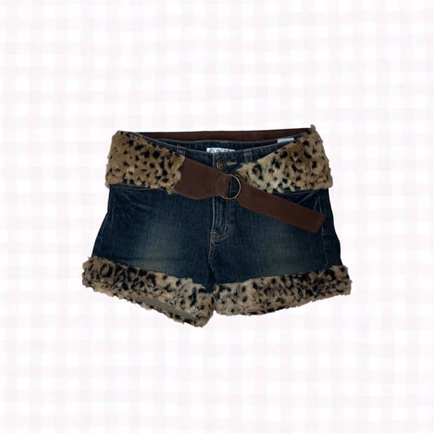 갸루 오네갸루 레오파드 퍼 트리밍 숏팬츠 & 벨트 set
