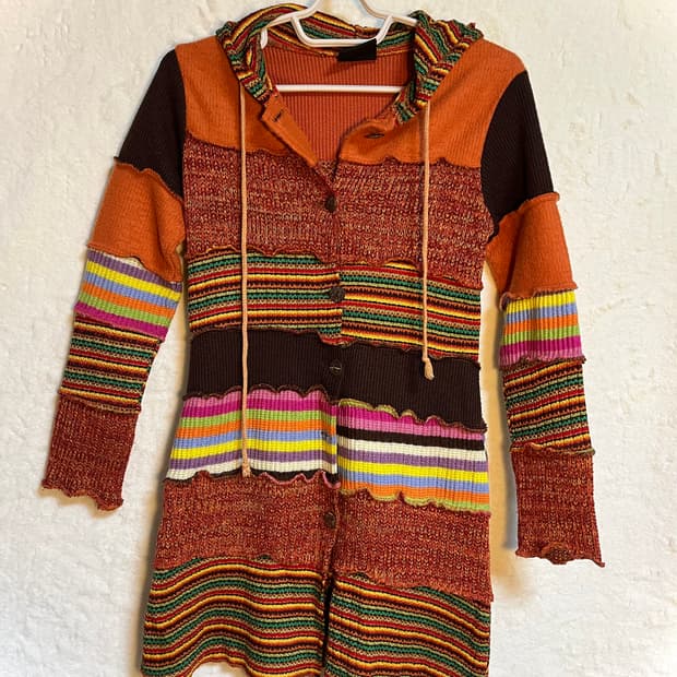 빈티지 패치 니트 원피스 후드 가디건 아우터
