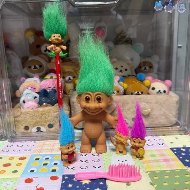 빈티지 트롤인형 세트 (트롤+쪼꼬미3마리+연필+빗)