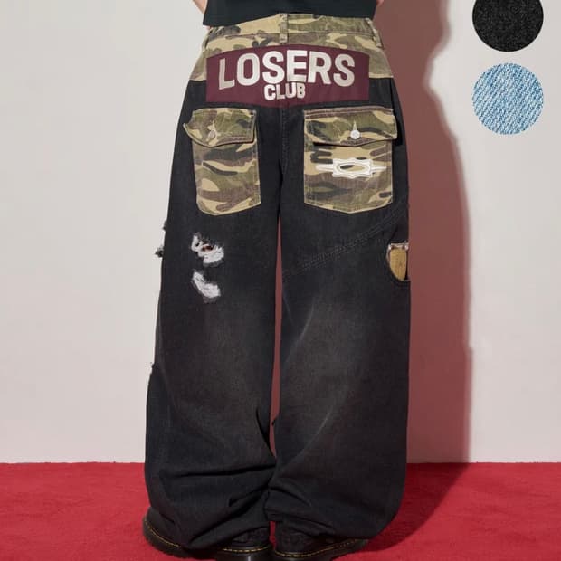 루저스클럽 카모 믹스 데미지 와이드 데님 팬츠 블랙
