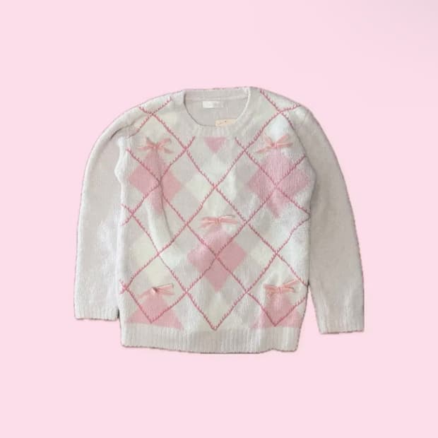 오늘만!!! 리즈리사 딸기우유 핑크 리본 아가일 니트