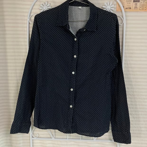 빈티지 네이비 도트 땡땡이 셔츠 827 y2k 스트릿 모리 갸루 일본빈티