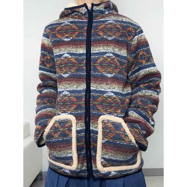 빈티지 노르딕 에스닉 후드 후리스 자켓