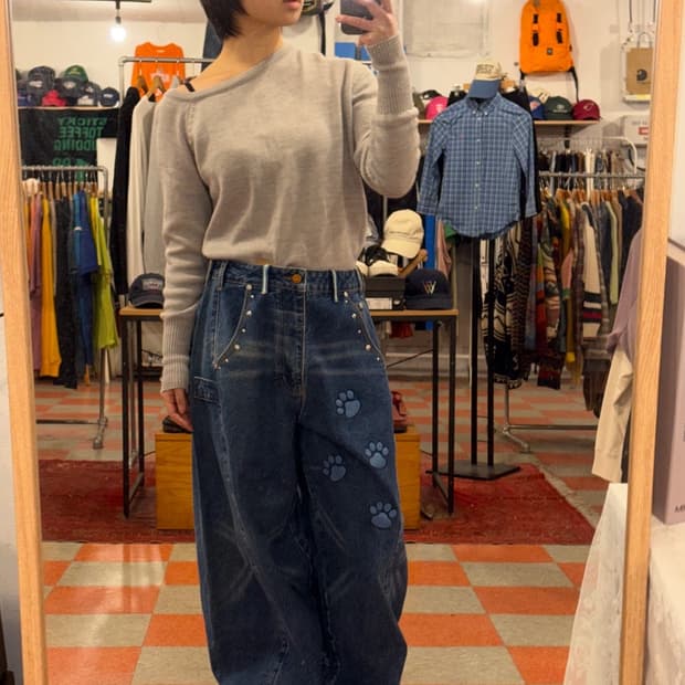 발바닥 프린팅 데님와이드팬츠