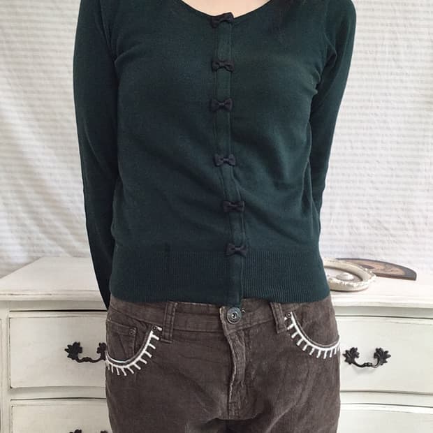 jpn vintage 딥 그린 리본 가디건 y2k 스트릿 갸루 펑키