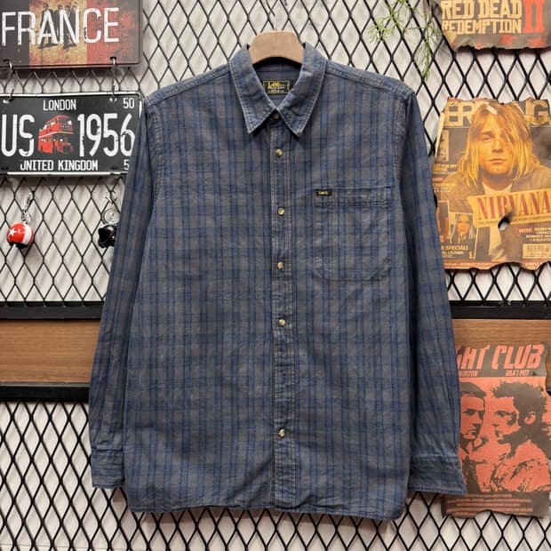 00s LEE 리 체크 패턴 셔츠 전면 원포켓 로고 포인트 네이비