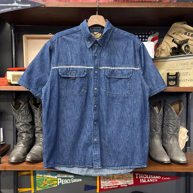 00s 할리데이비슨 내츄럴 워싱 데님 워크셔츠 로고스냅 N1252