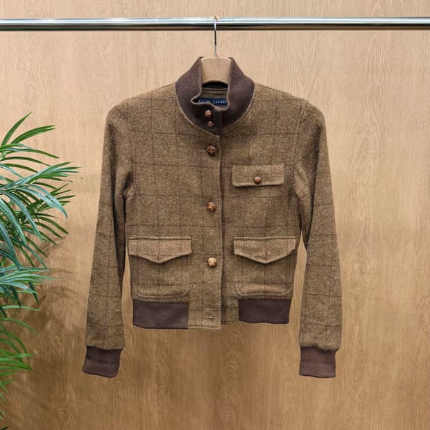 폴로 랄프로렌 하이넥 체크 울 블루종 자켓 플랩 포켓 디테일 브라운