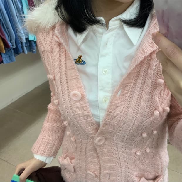 메조피아노 핑크 퍼 가디건 갸루 빈티지 일브