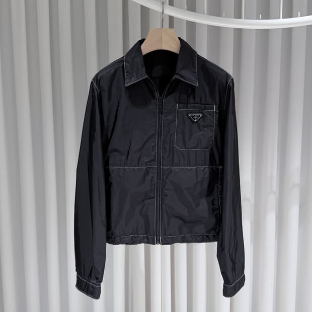 (S+/46) / 프라다 리나일론 삼각로고 스티치 집업 셔츠 자켓 블랙