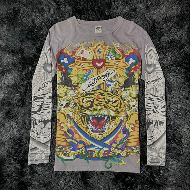 Ed Hardy 타이거 컬러 프린팅 그레이 롱슬리브
