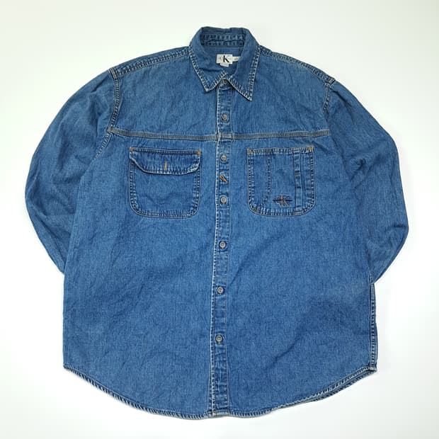 CL394 L 캘빈클라인 90s 홍콩판 코튼 미디엄블루 데님셔츠 남방