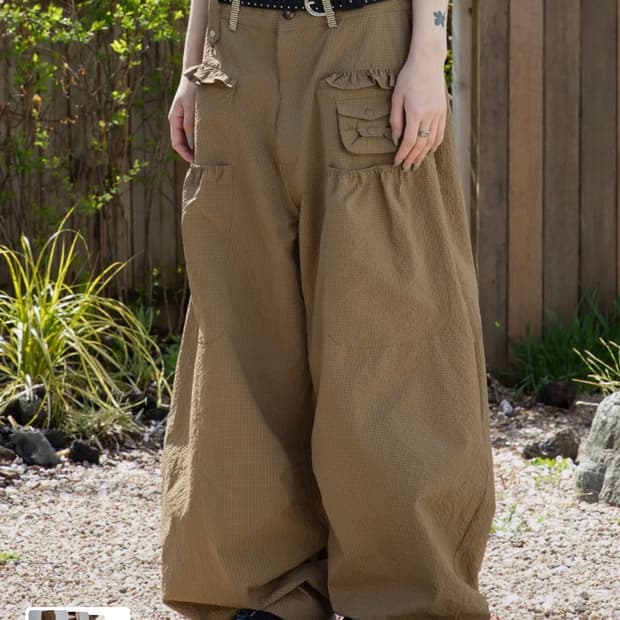 루나키후 WXP042 사키 프릴 시어서커 와이드 팬츠 (BROWN)