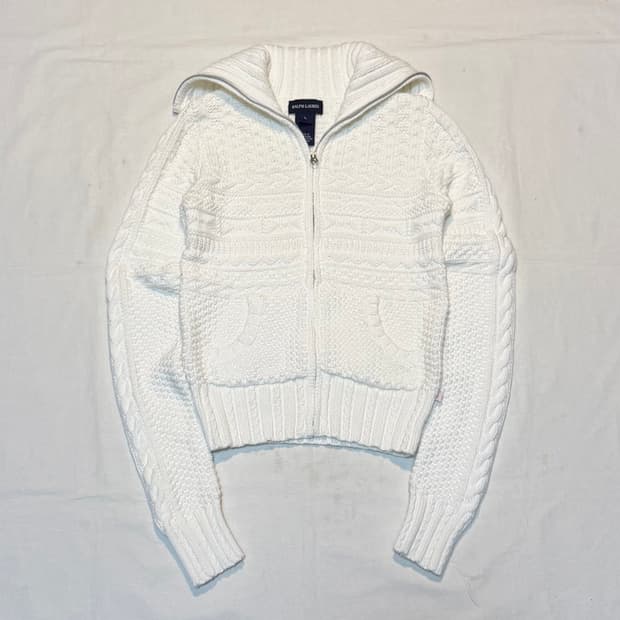 폴로 랄프로렌 딱붙핏 케이블 코튼 니트집업 화이트